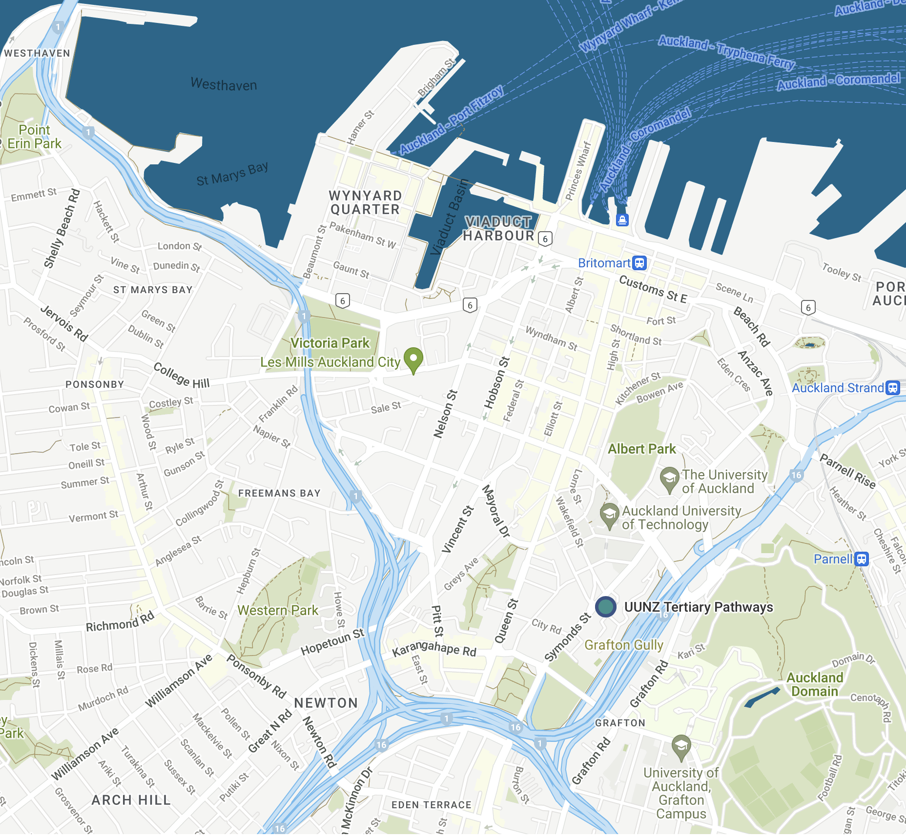 Map showing UUNZ Tertiary Pathways location at 76–78 Symonds Street, Auckland CBD